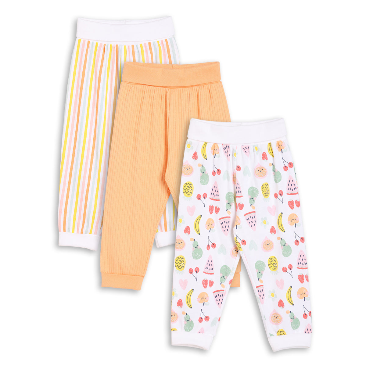 Baby Girls 3pk Fruits Print, Solid And Striped Leggings, Multicolour
