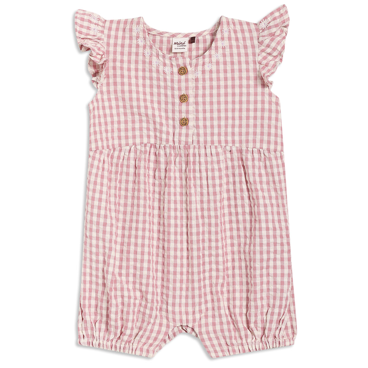 Baby Girls Checked Romper With Daisy Embroidery, Pink