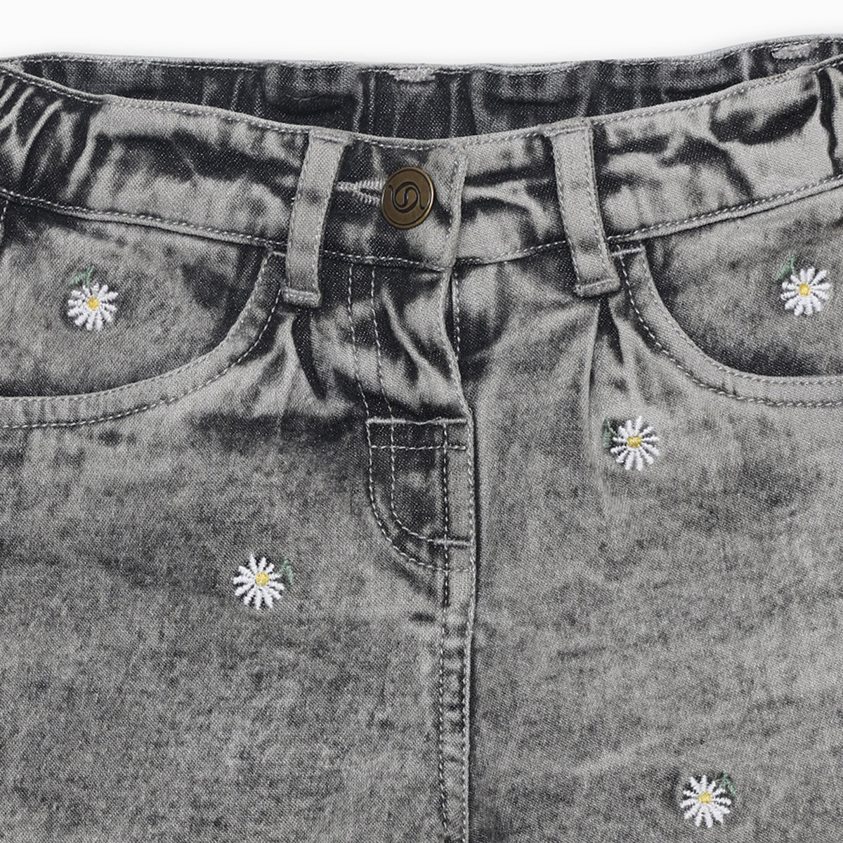 Baby Girls Daisy Embroidered Denim Shorts, Grey