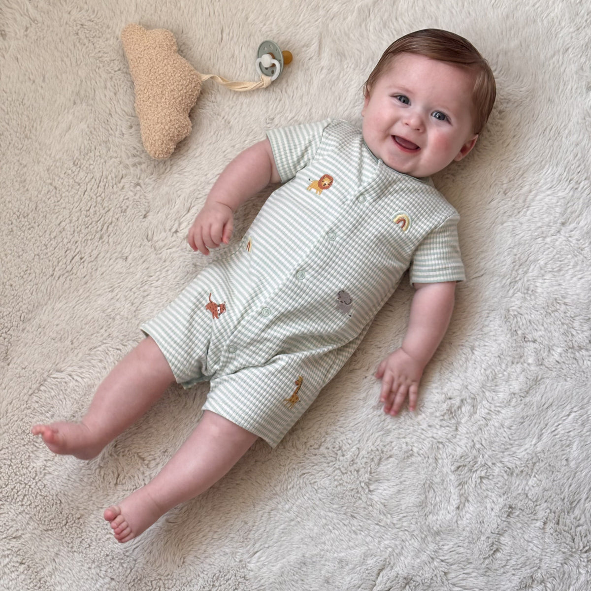 Baby Unisex Animal Embroidered Romper, Mint