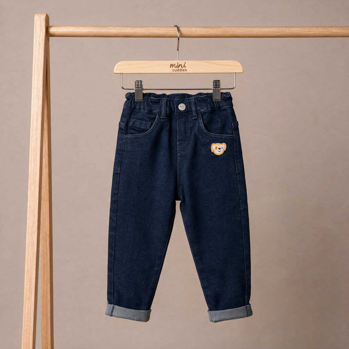 Baby Boys Stretch Denim Trousers with Dog Embroidery, Dark Wash
