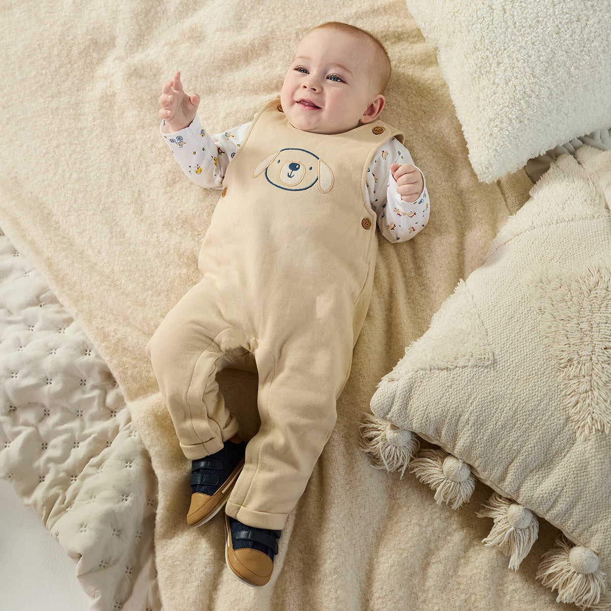 Baby Boys Dog Embroidered Corduroy Dungaree & T-Shirt Set, Beige & White