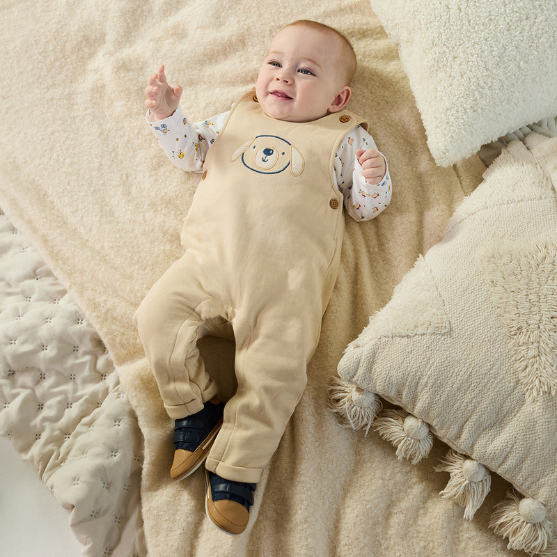 Baby Boys Dog Embroidered Corduroy Dungaree & T-Shirt Set, Beige & White