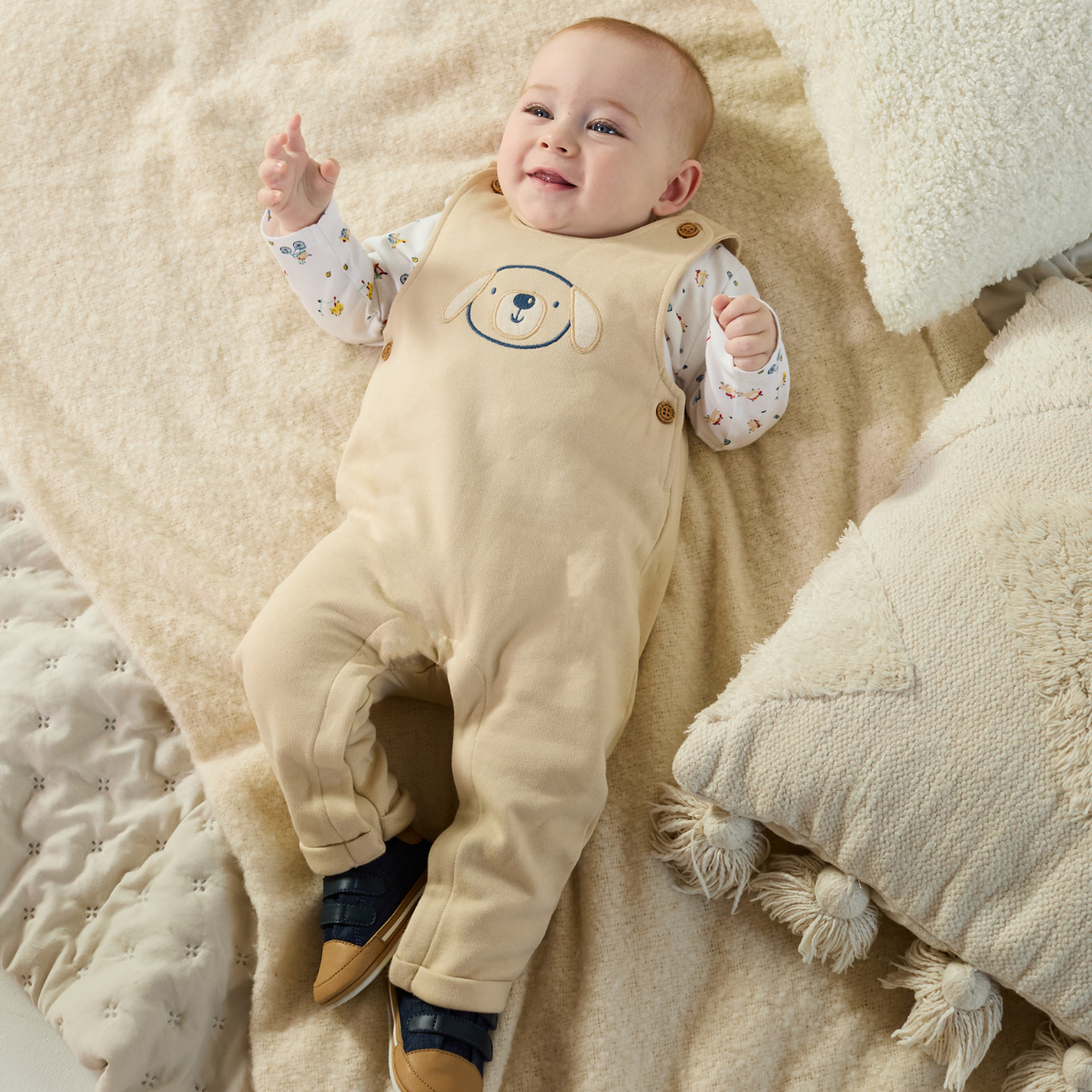 Baby Boys Dog Embroidered Corduroy Dungaree & T-Shirt Set, Beige & White