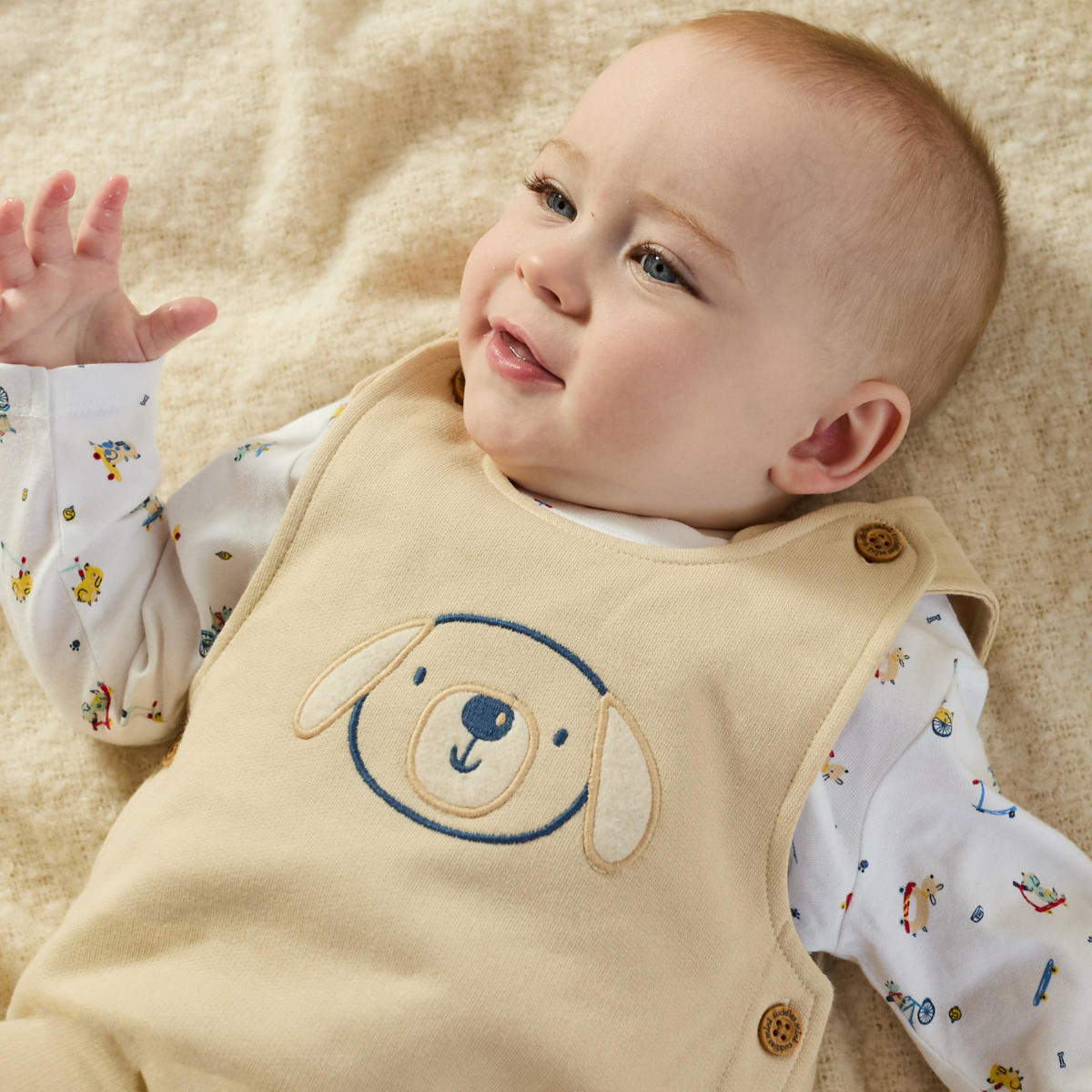 Baby Boys Dog Embroidered Corduroy Dungaree & T-Shirt Set, Beige & White
