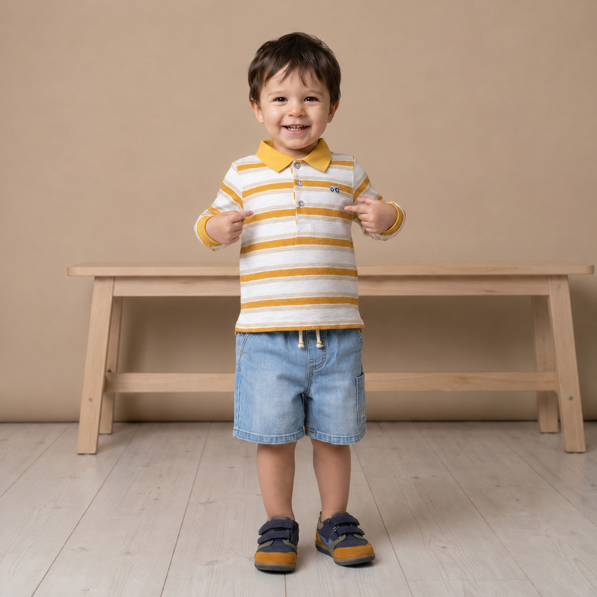 Baby Boys Cotton Striped Full Sleeve Polo T-Shirt Casual Wear, Yellow, White and Beige