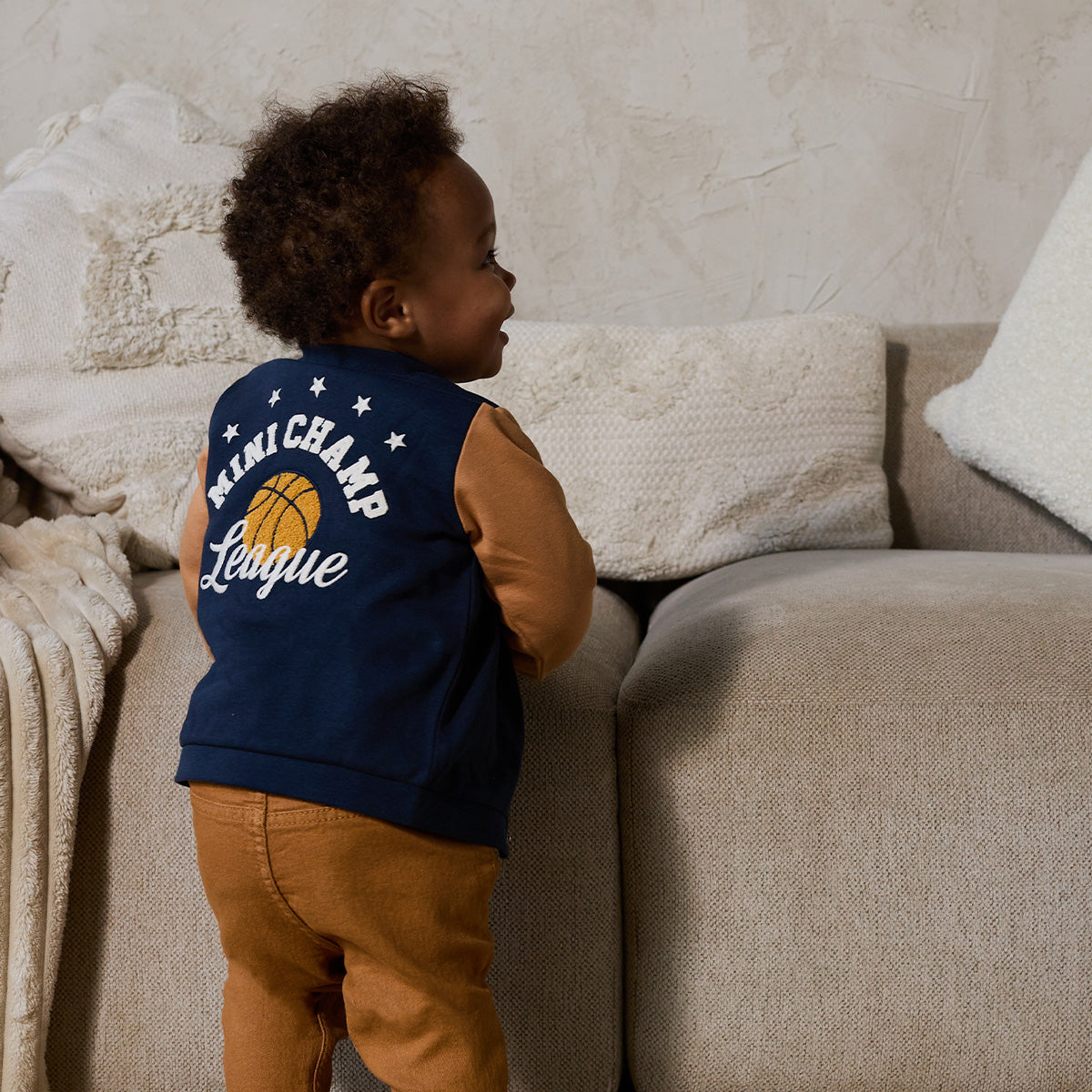 Baby Boys Cotton Basketball Graphic Full Sleeve Varsity Jacket, Navy Blue and Tan