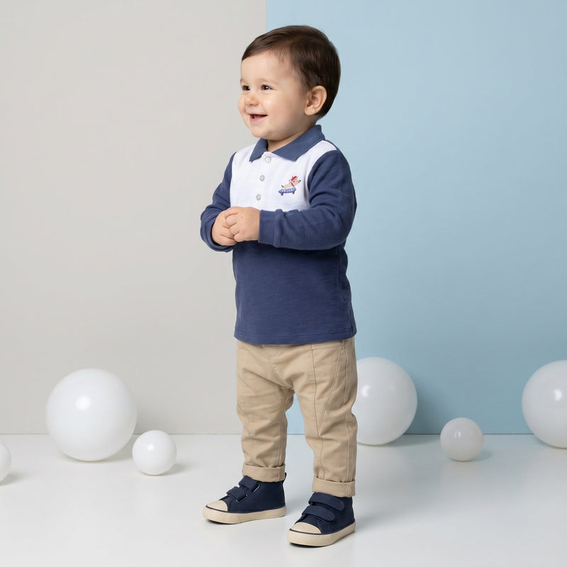 Baby Boys Colourblock Embroidered Polo T-Shirt, Navy Blue & White
