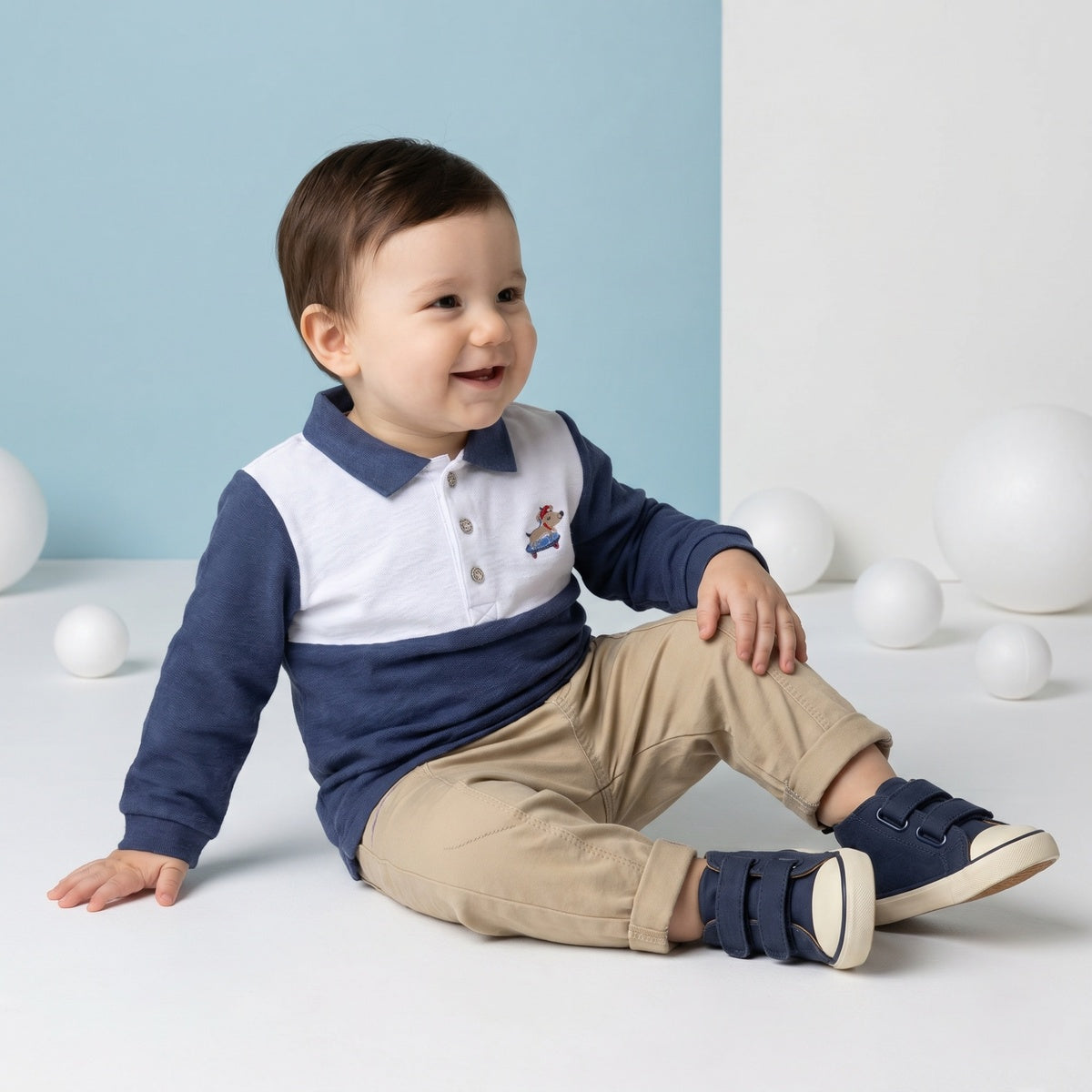 Baby Boys Colourblock Embroidered Polo T-Shirt, Navy Blue & White