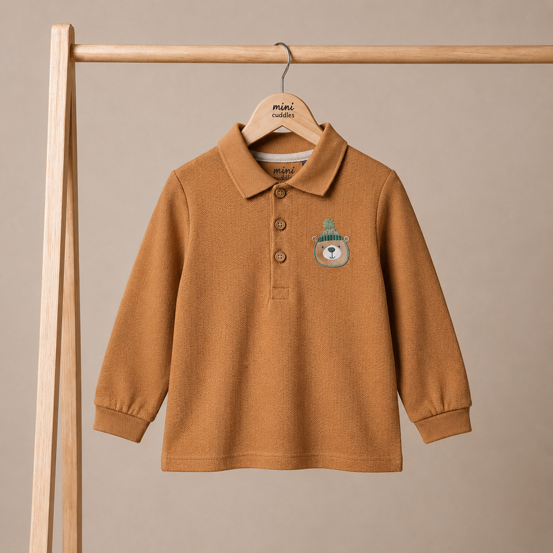Baby Boys Bear Embroidered Polo T-Shirt, Mustard