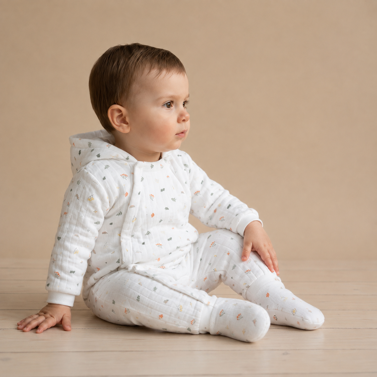 Baby Boys Leaf Motif Quilted Hooded Pram Suit, White