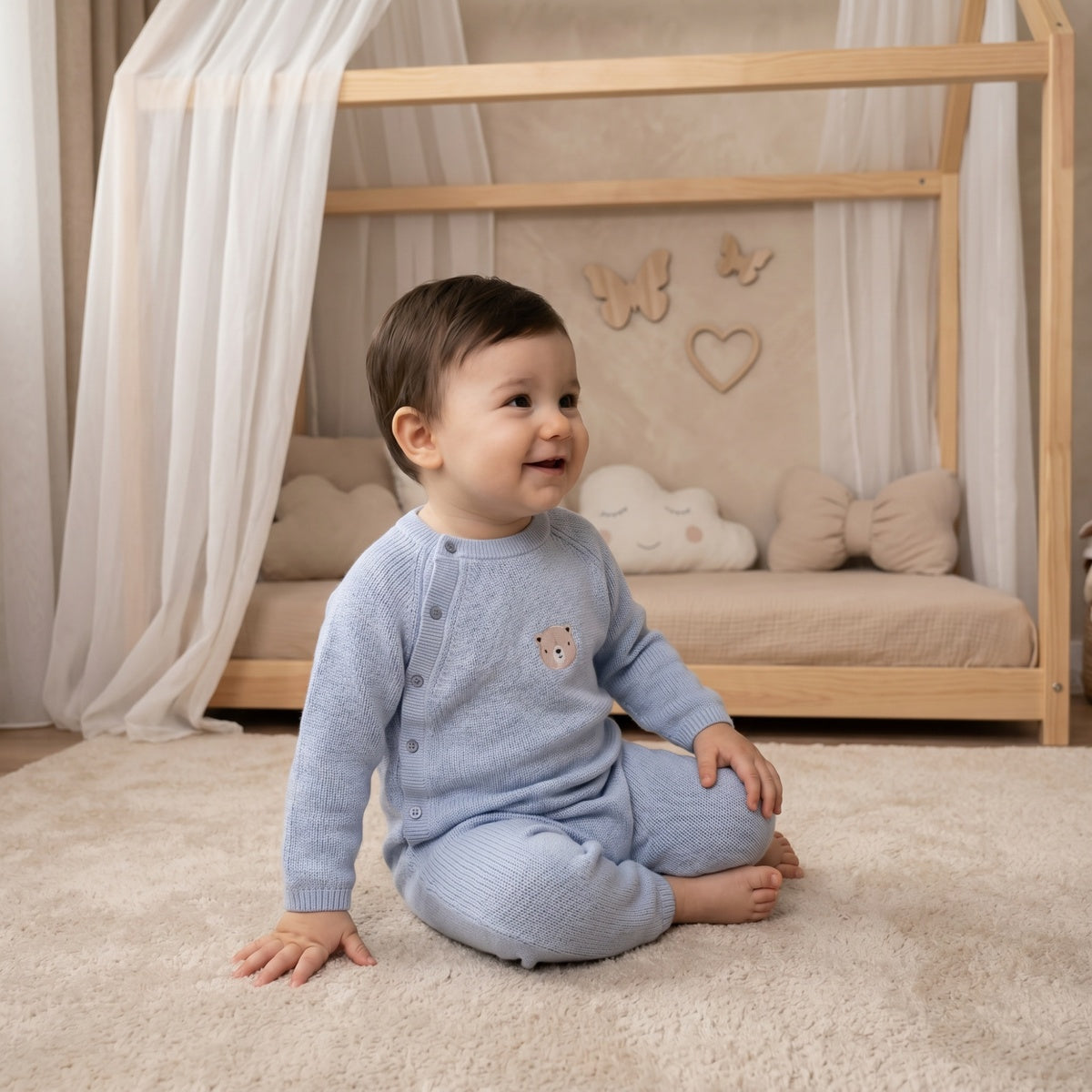 Baby Boys Bear Embroidered  Romper, Light Blue