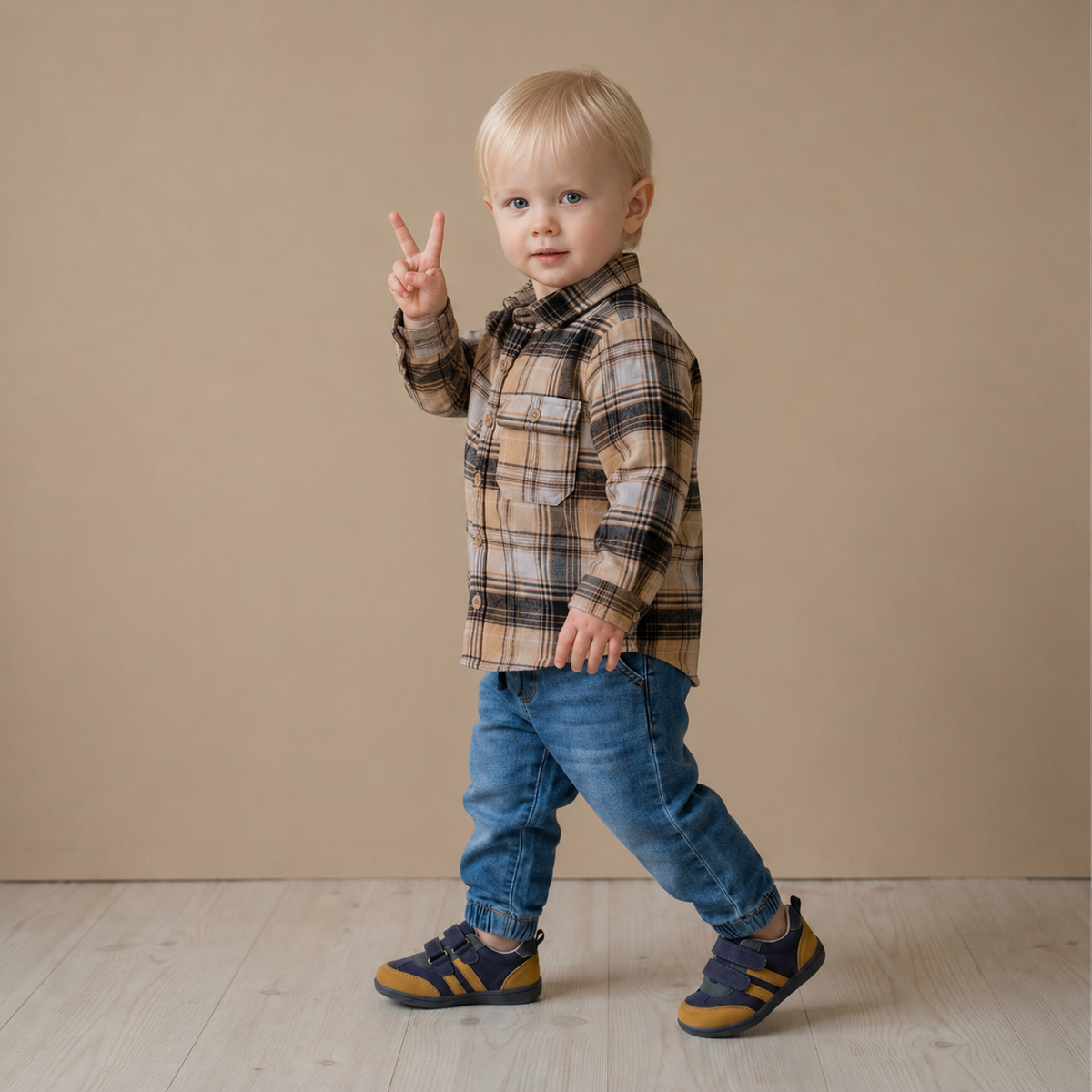 Baby Boys Cotton Blend Checked Full Sleeve Flannel Shirt, Beige, Black and Grey