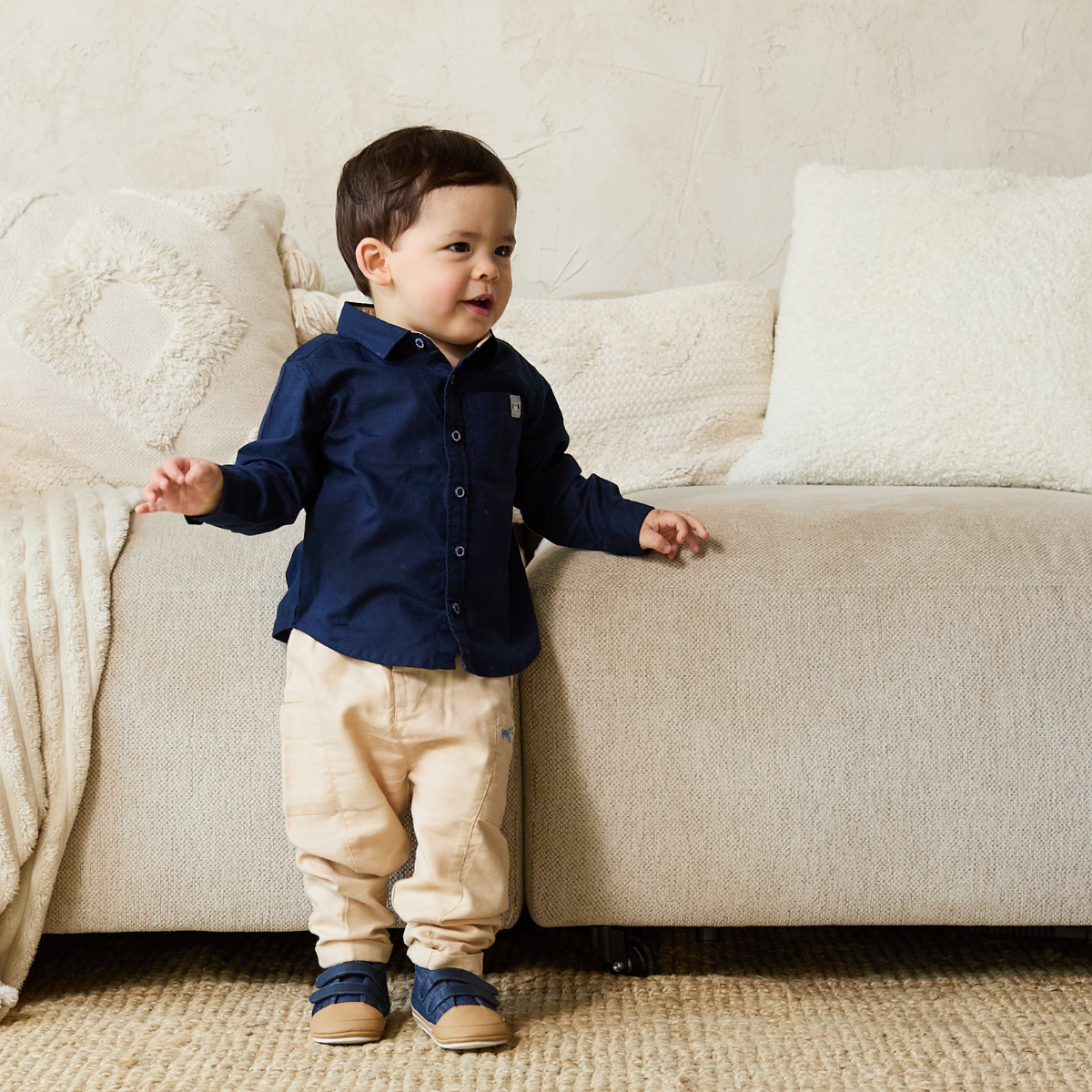 Baby Boys Dog Embroidered Cargo Trousers, Beige