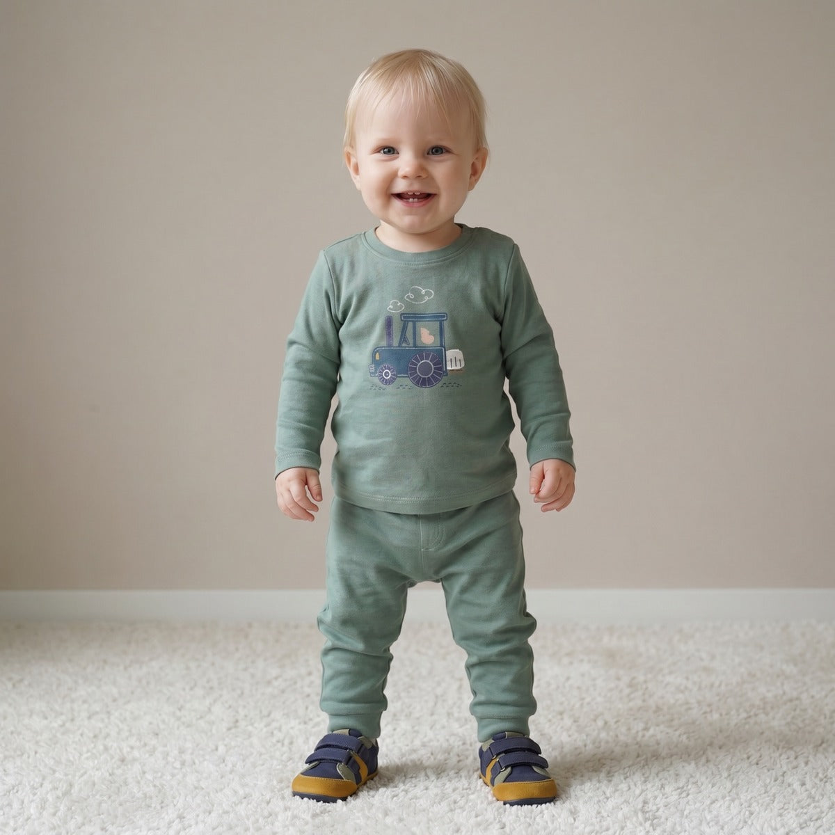 Baby Boys Cotton Tractor Embroidered Full Sleeve T-Shirt and Joggers Set, Green