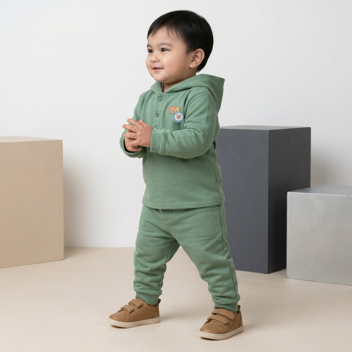 Baby Boys Hooded T-shirt and Joggers Set with Embroidery, Green