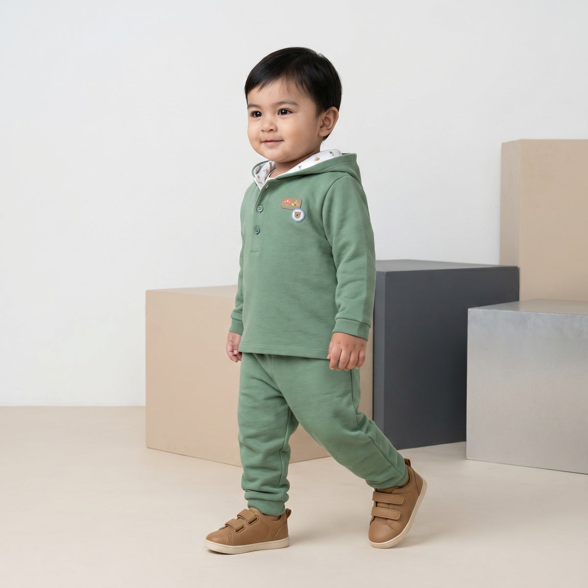 Baby Boys Hooded T-shirt and Joggers Set with Embroidery, Green