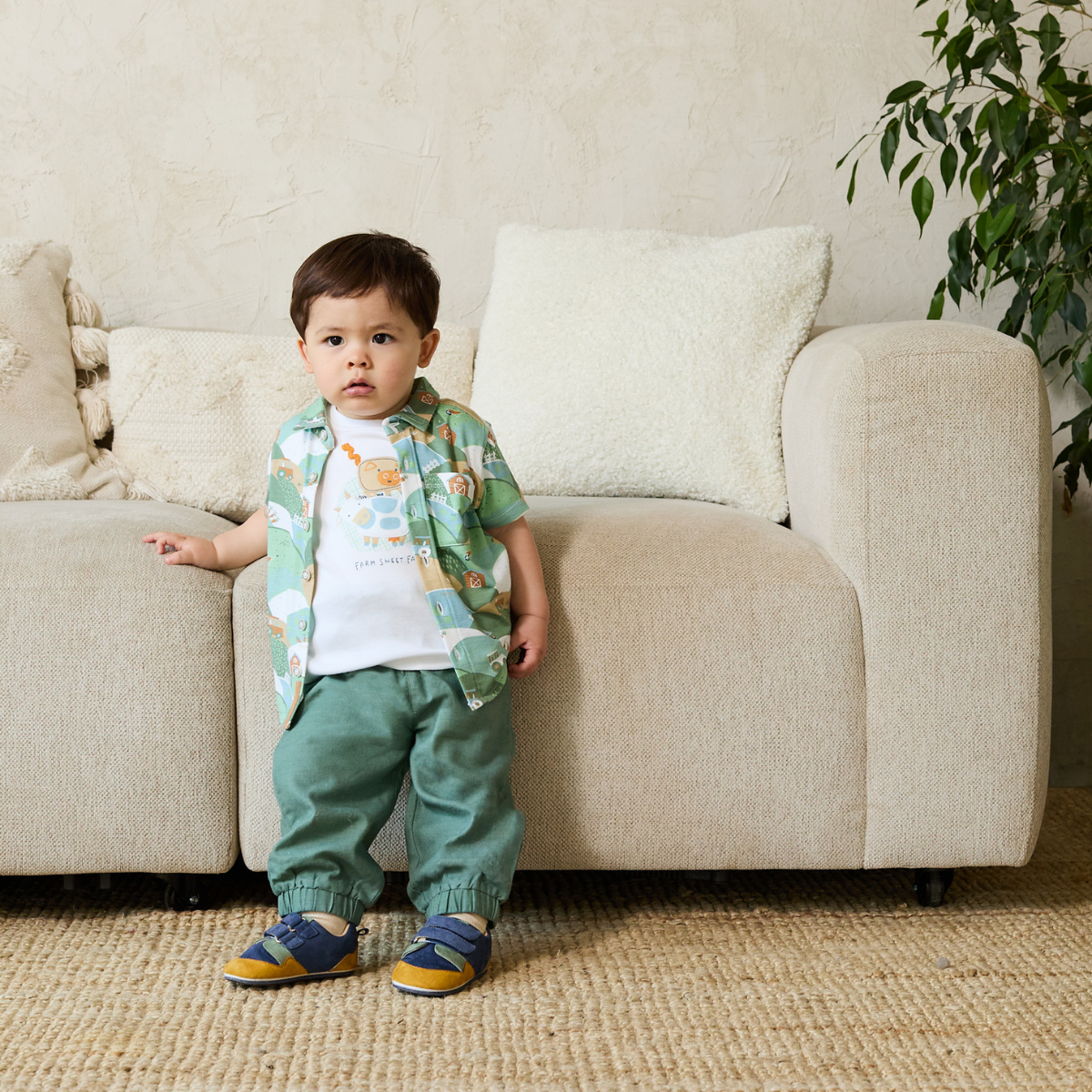 Baby Boys Bamboo Rayon Blend Farm Motif Short Sleeve Shirt, Green, Blue and Beige