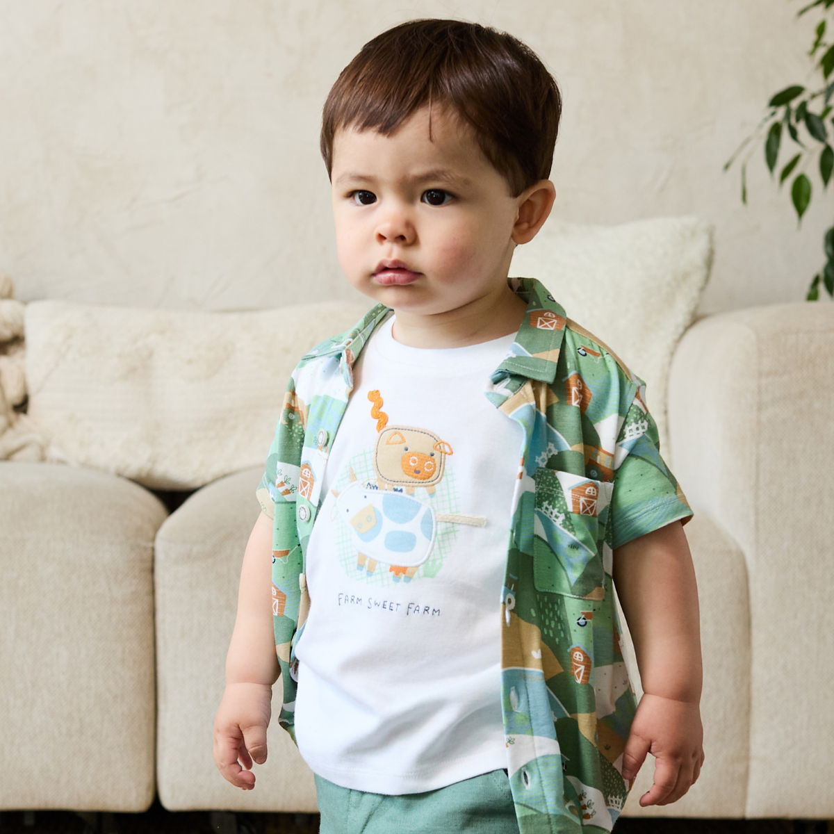 Baby Boys Bamboo Rayon Blend Farm Motif Short Sleeve Shirt, Green, Blue and Beige