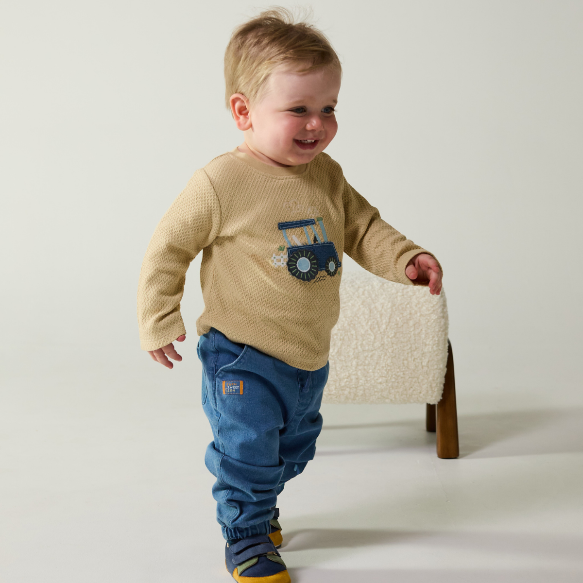 Baby Boys Tractor Embroidered T-Shirt, Beige
