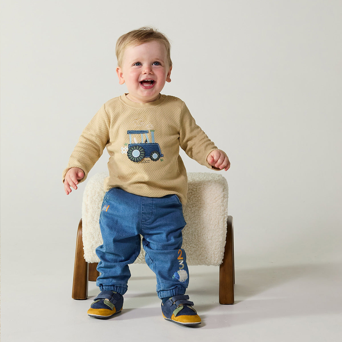 Baby Boys Tractor Embroidered T-Shirt, Beige