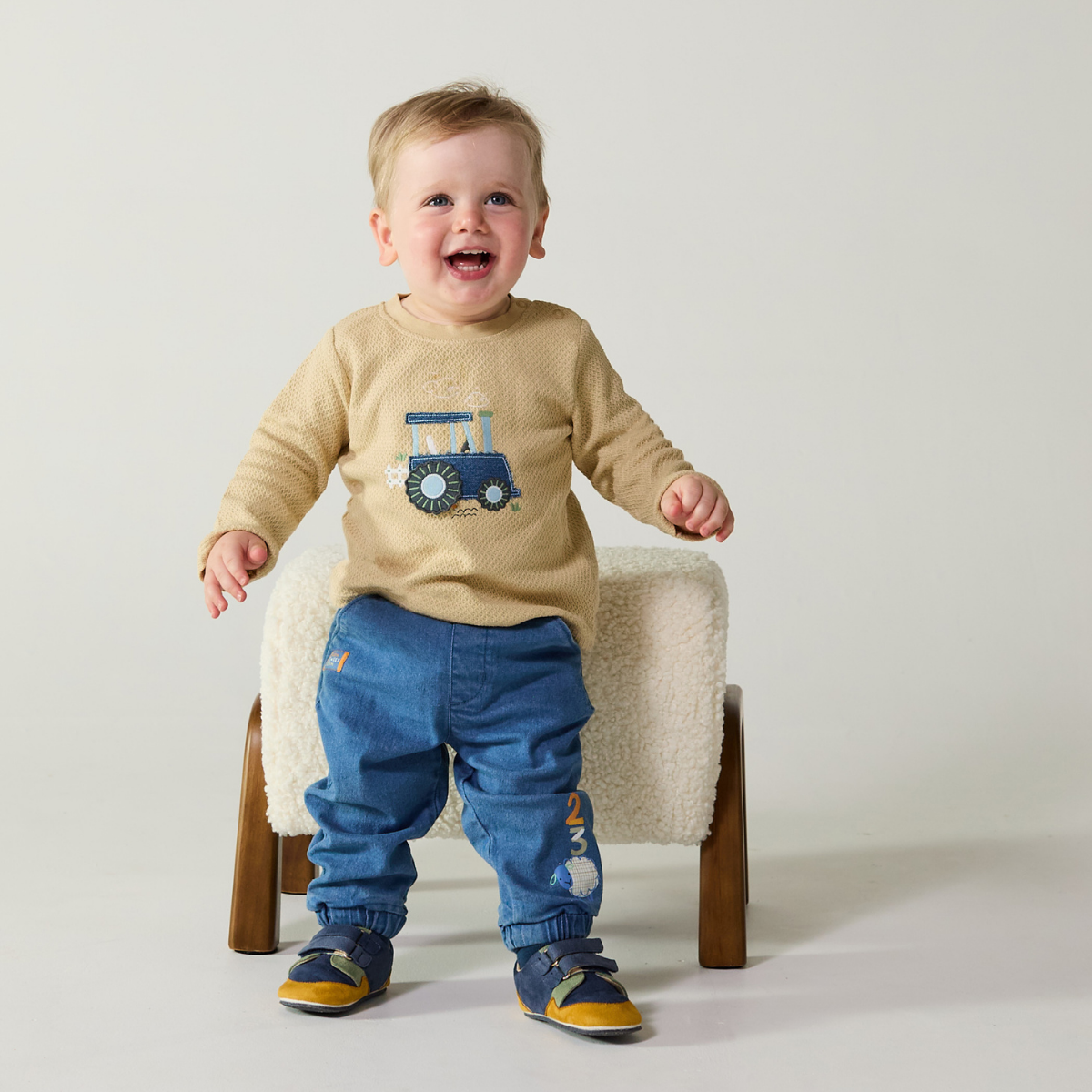 Baby Boys Tractor Embroidered T-Shirt, Beige