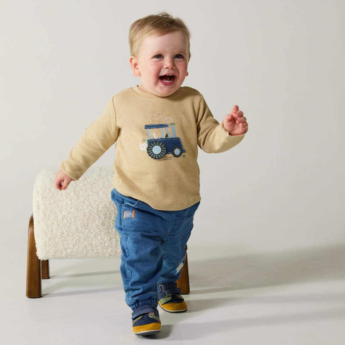 Baby Boys Tractor Embroidered T-Shirt, Beige