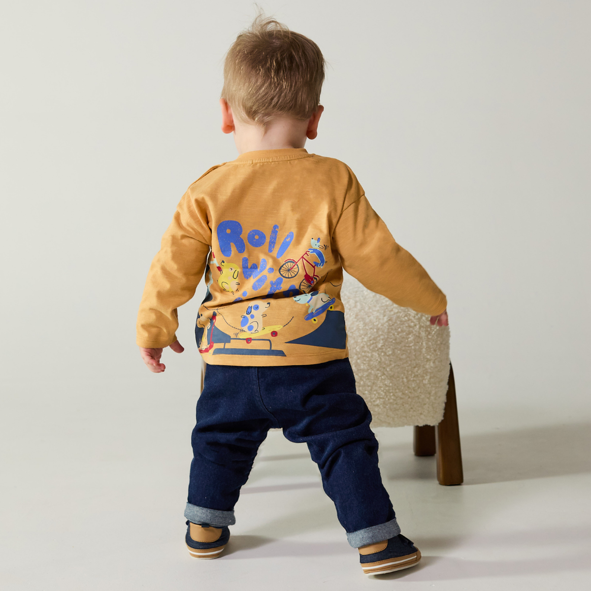Baby Boys Stretch Denim Trousers with Dog Embroidery, Dark Wash