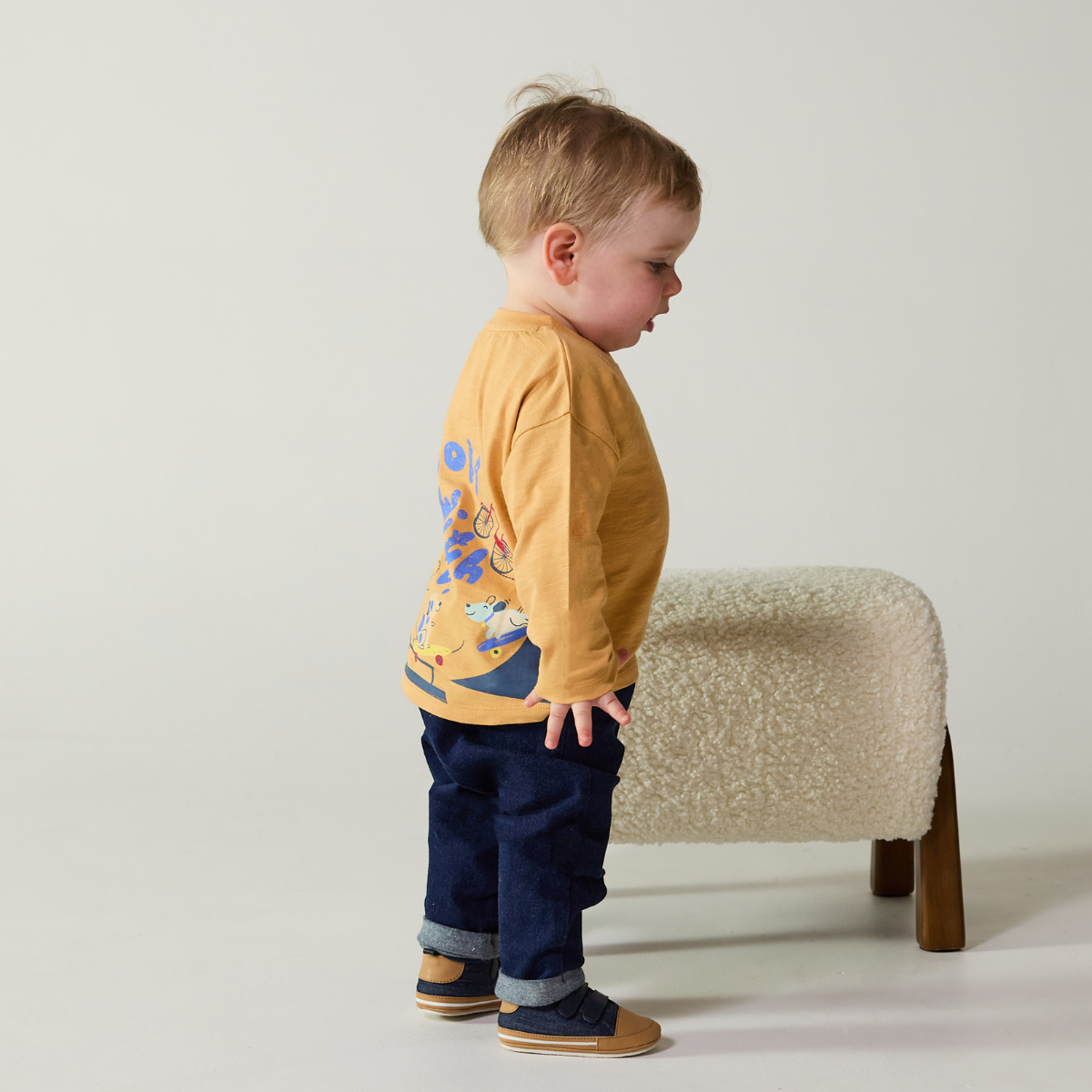 Baby Boys Stretch Denim Trousers with Dog Embroidery, Dark Wash