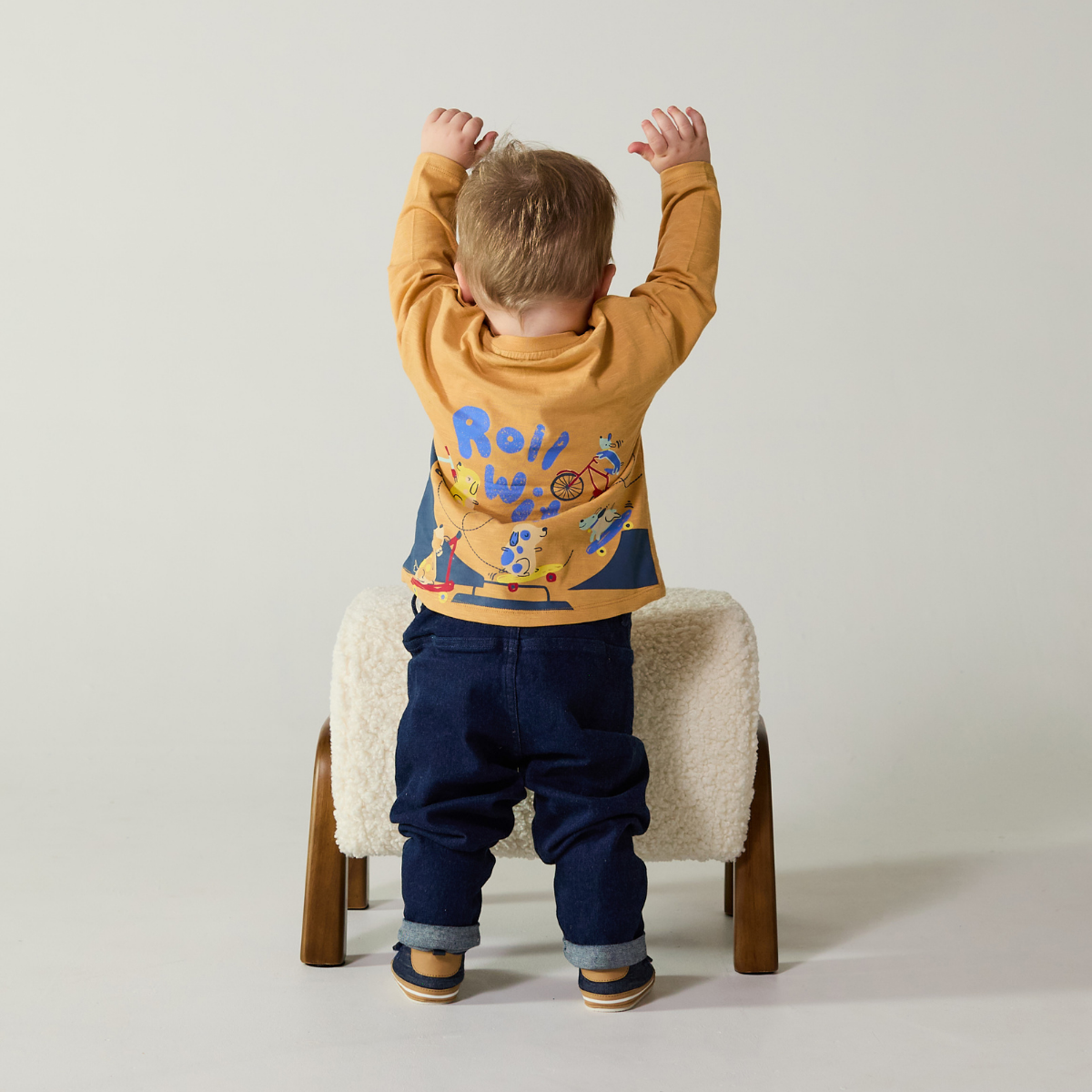 Baby Boys Stretch Denim Trousers with Dog Embroidery, Dark Wash
