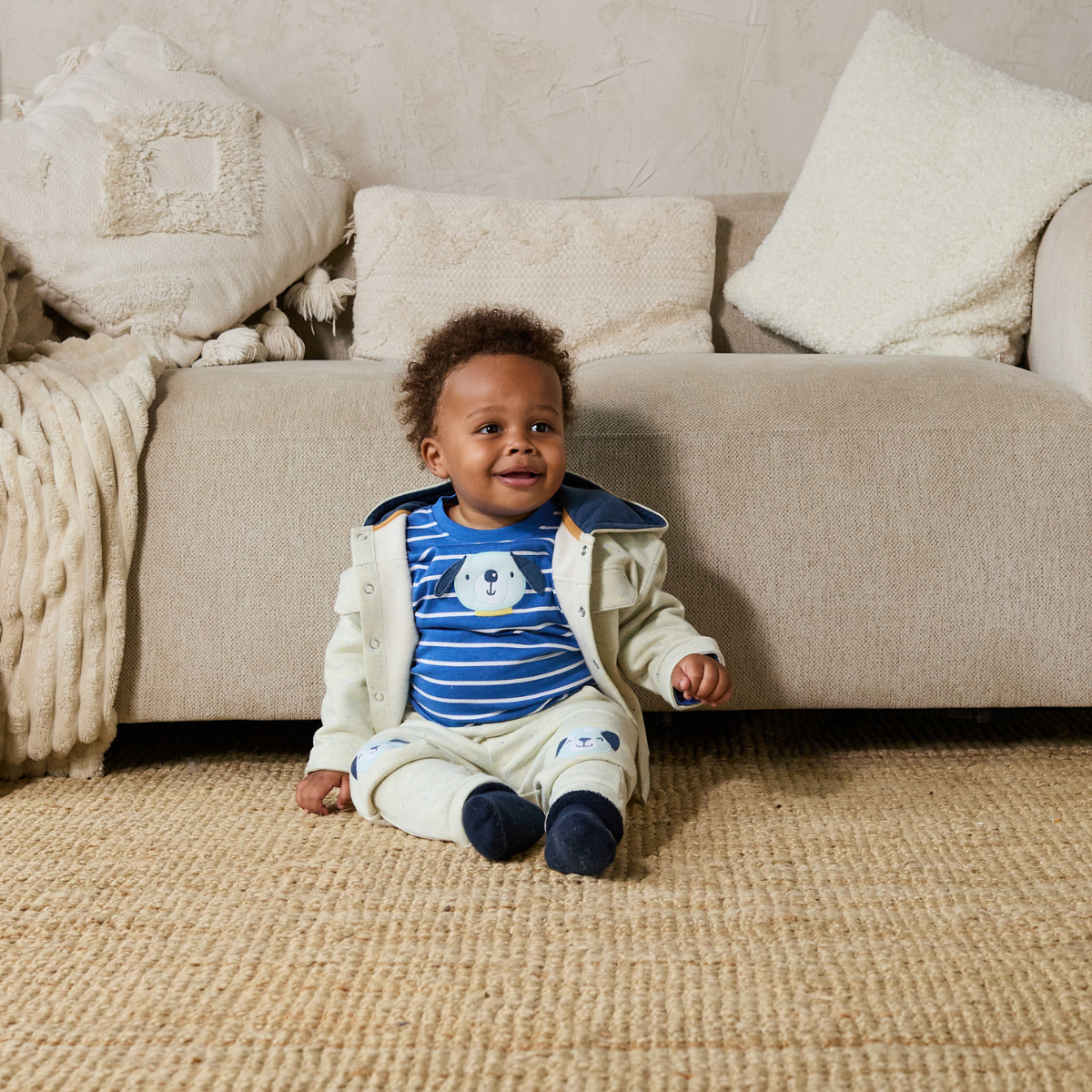 Baby Boys Striped Dog Applique T-Shirt, Blue and White