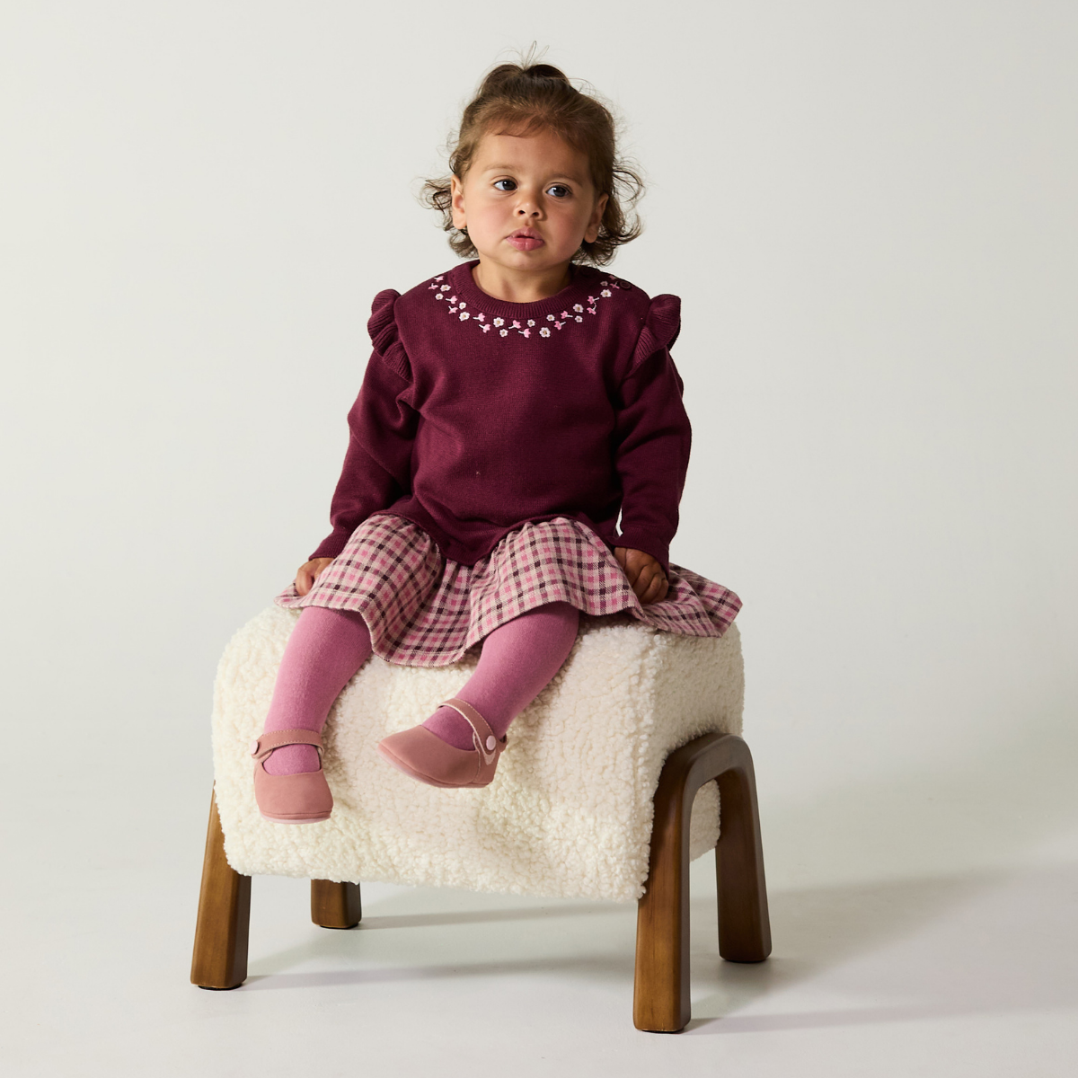Baby Girls Floral Embroidered Checked Dress, Plum
