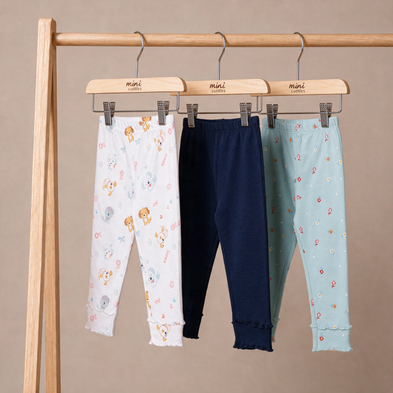 Baby Girls Printed Leggings Pack of 3, White, Mint and Navy Blue
