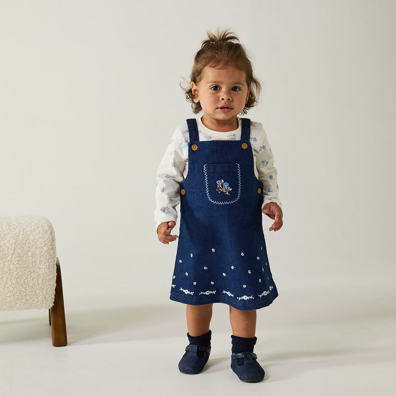 Baby Girls Floral Top and Embroidered Denim Pinny Set, Dark Wash Blue