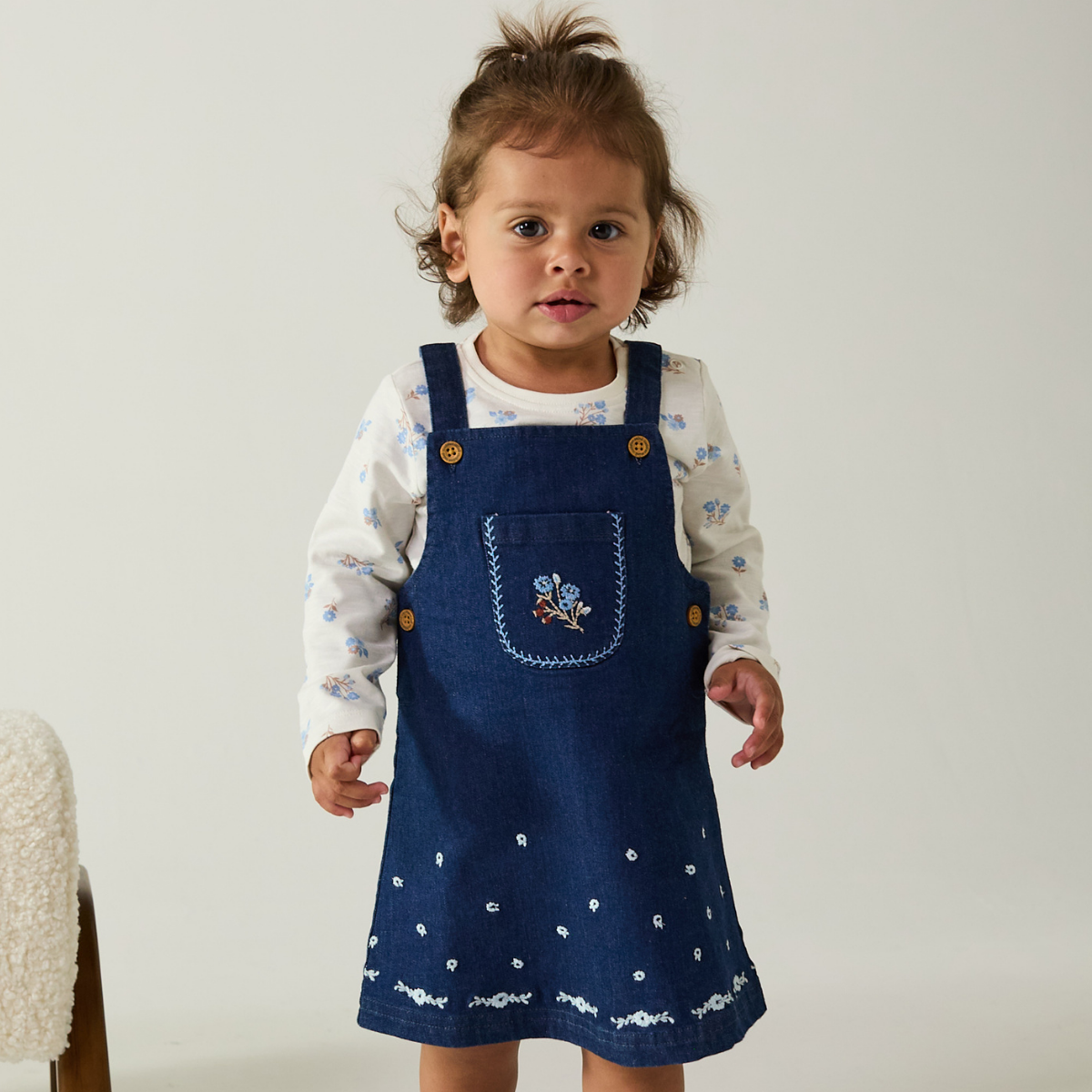 Baby Girls Floral Top and Embroidered Denim Pinny Set, Dark Wash Blue