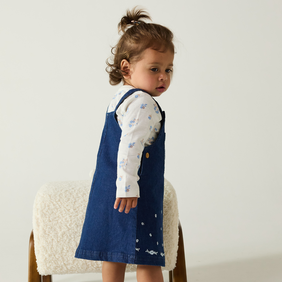 Baby Girls Floral Top and Embroidered Denim Pinny Set, Dark Wash Blue