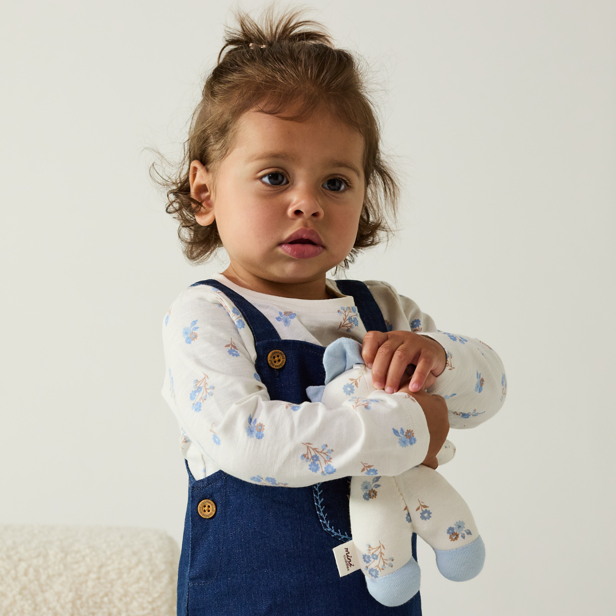 Baby Girls Floral Top and Embroidered Denim Pinny Set, Dark Wash Blue