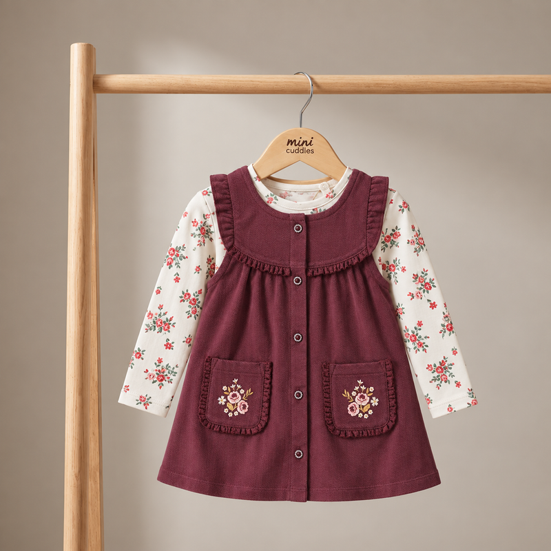 Baby girls floral top with pinny set, Plum
