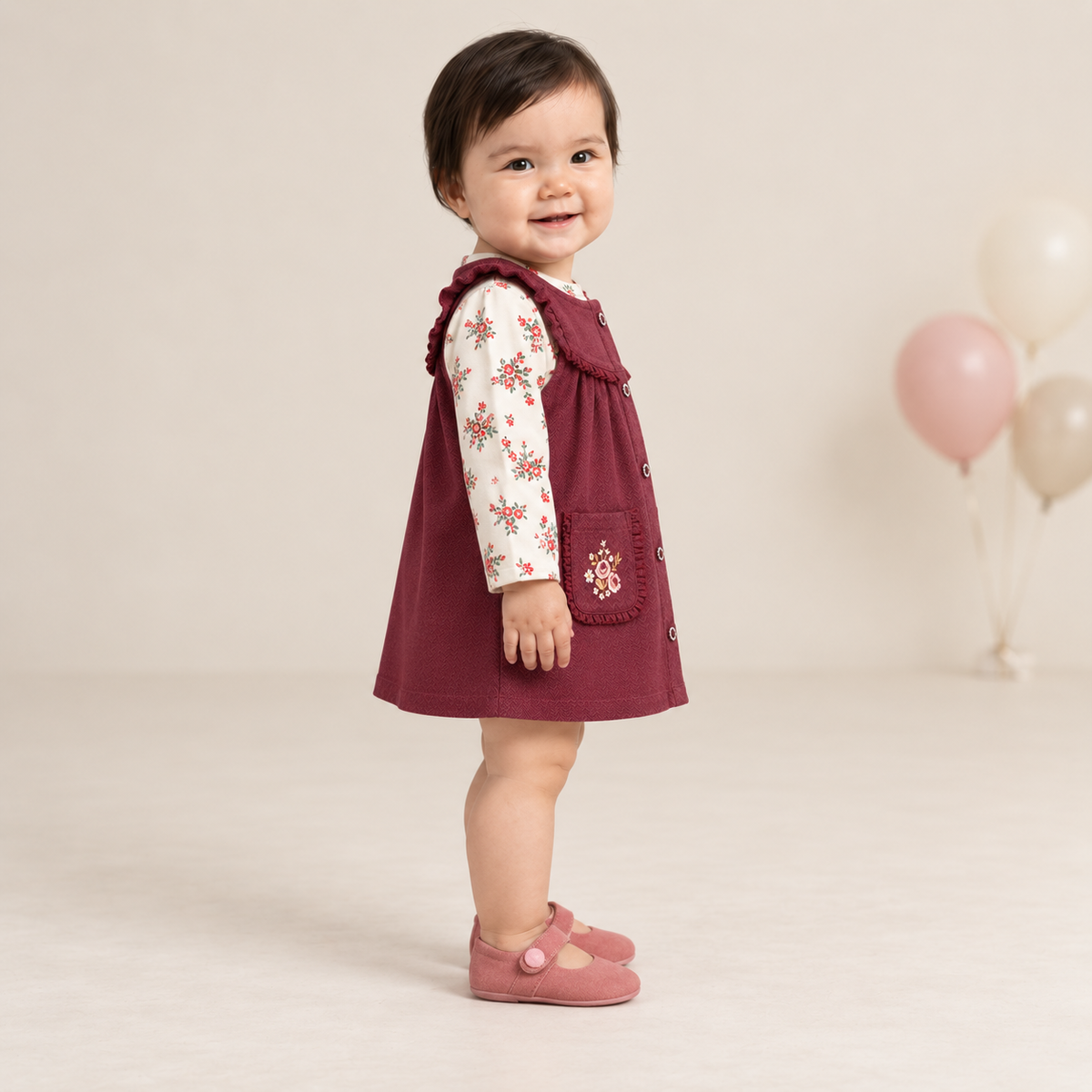 Baby girls floral top with pinny set, Plum