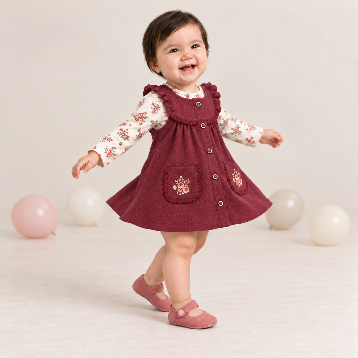 Baby girls floral top with pinny set, Plum