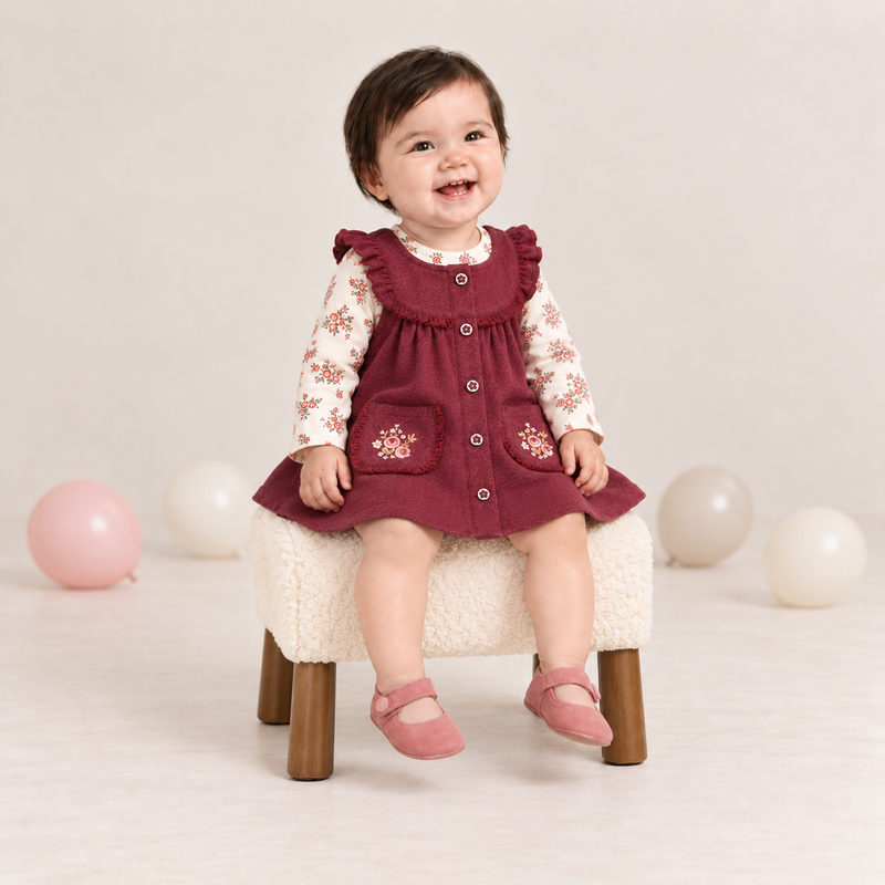 Baby girls floral top with pinny set, Plum