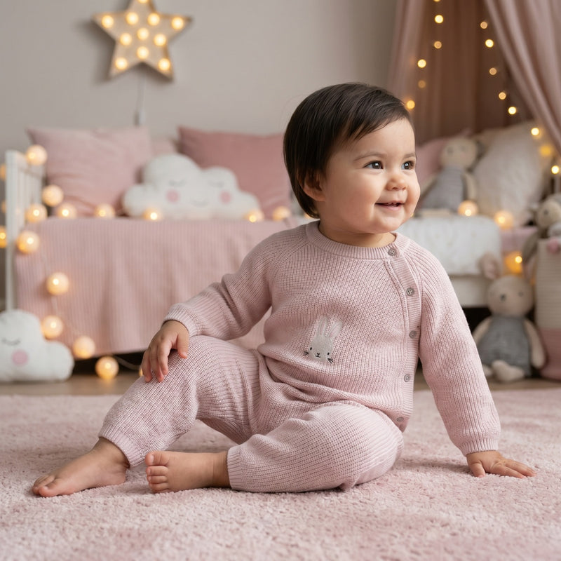 Baby Girls Bunny Embroidered Romper, Pink