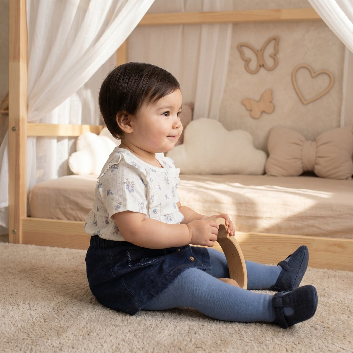 Baby Girls Floral Embroidered Denim Skirt and Tights Set, Dark Wash Blue and Light Blue