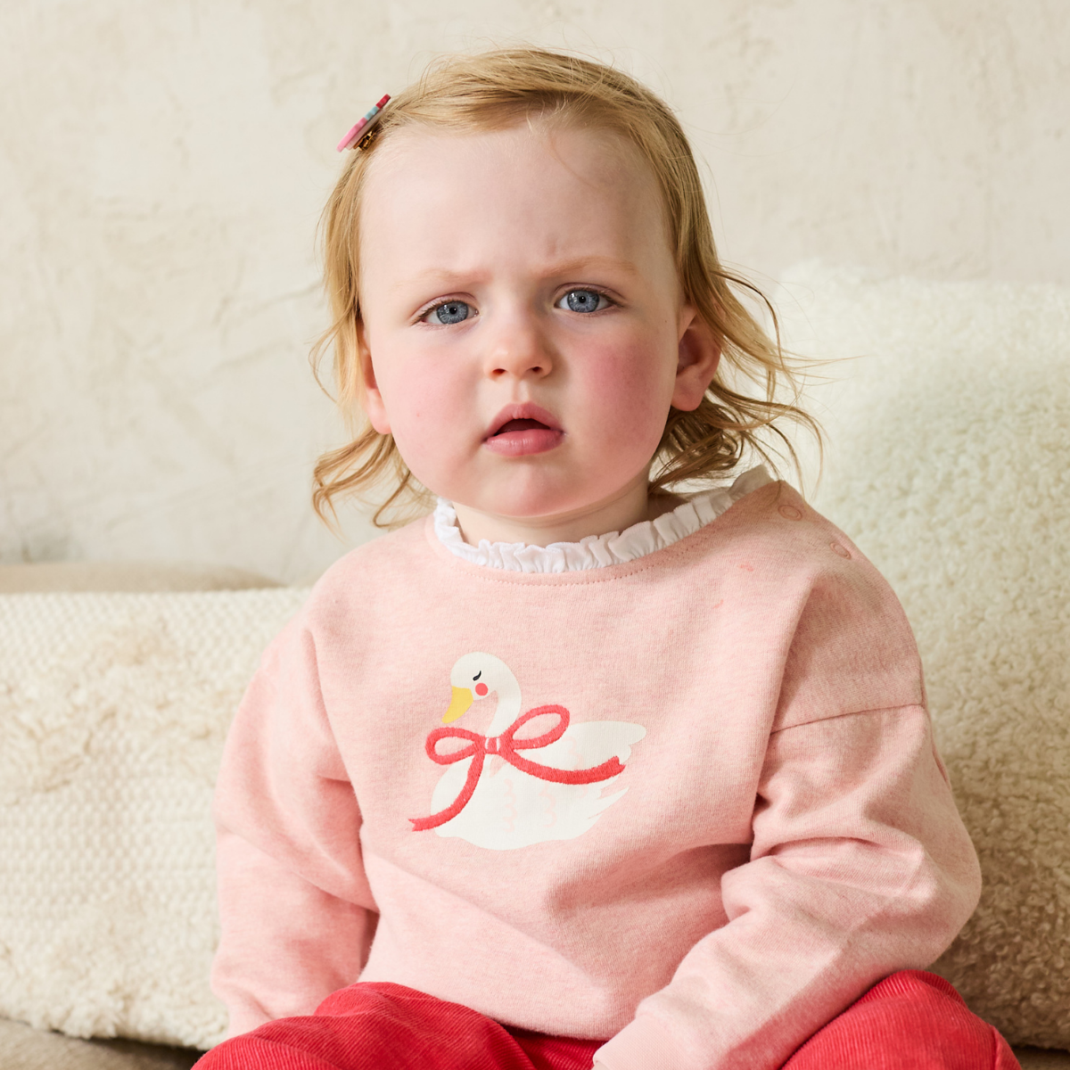 Baby Girls Soft Cotton Swan Graphic Sweatshirt with Frilled Neck, Pink Marl