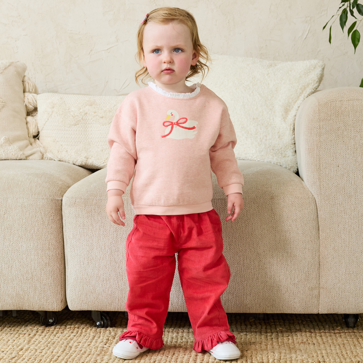 Baby Girls Soft Cotton Swan Graphic Sweatshirt with Frilled Neck, Pink Marl
