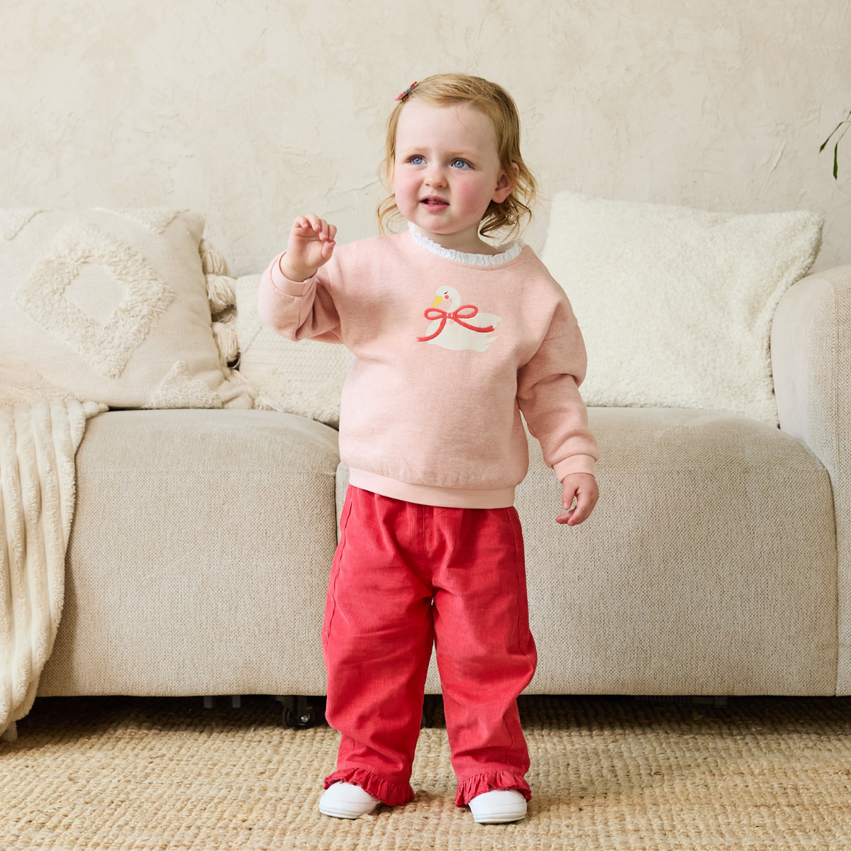 Baby Girls Soft Cotton Swan Graphic Sweatshirt with Frilled Neck, Pink Marl