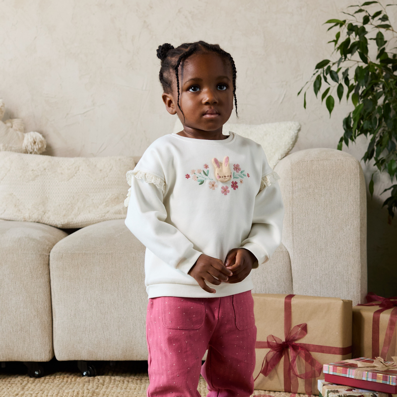 Baby Girls Bunny & Floral Embroidered Ruffle Sweatshirt, White
