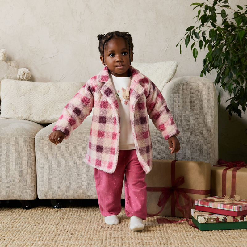 Baby Girls Checked Long Coat, Pink, Cream and Plum
