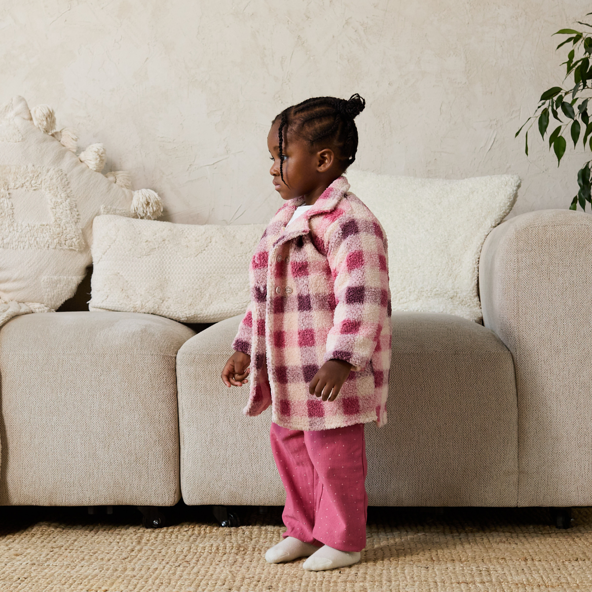 Baby Girls Checked Long Coat, Pink, Cream and Plum