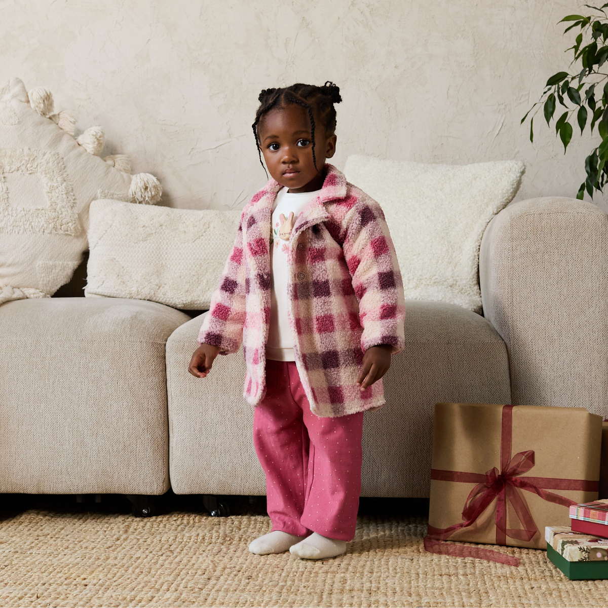Baby Girls Checked Long Coat, Pink, Cream and Plum